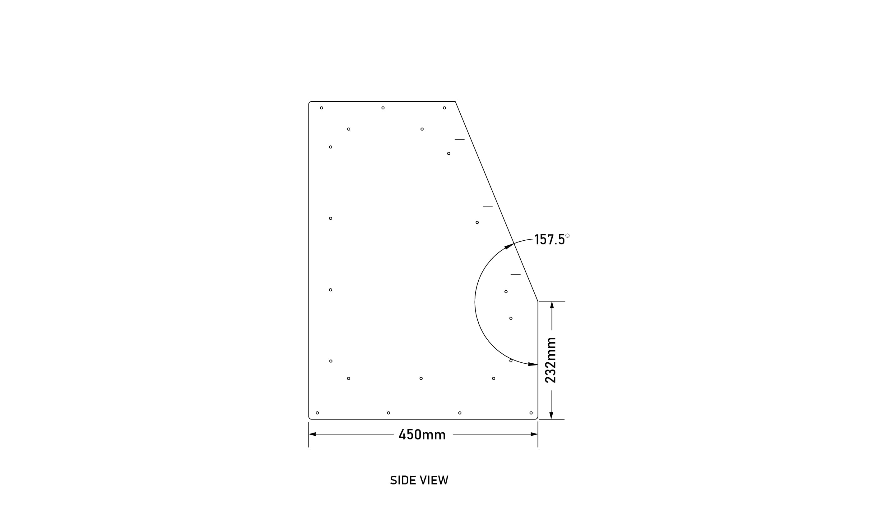 DXA-500 side view dimensions: 450mm deep, 232mm, 157.5 degrees